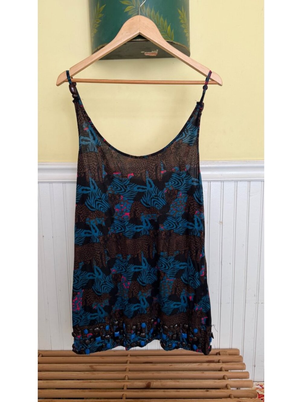 Vintage y2k Forever 21 Twist Animal Print Beaded Hem Sleeveless Tunic Top L